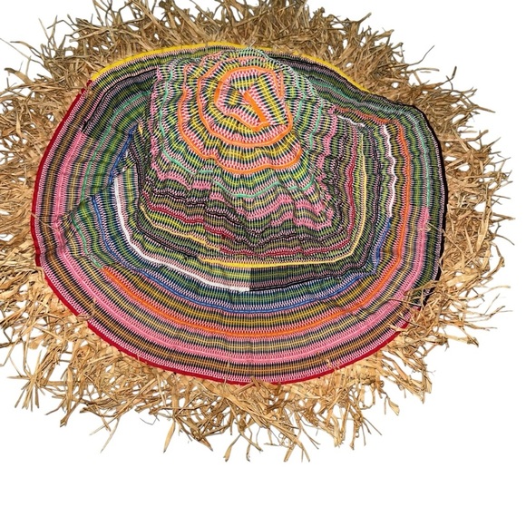 Grevi striped fringe rafia straw beach pool sun hat - Picture 2 of 5